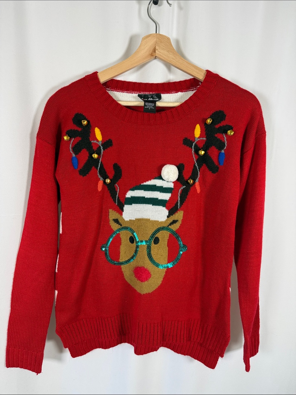 Red Holiday Reindeer Crewneck Sweater with Festive Embellishments